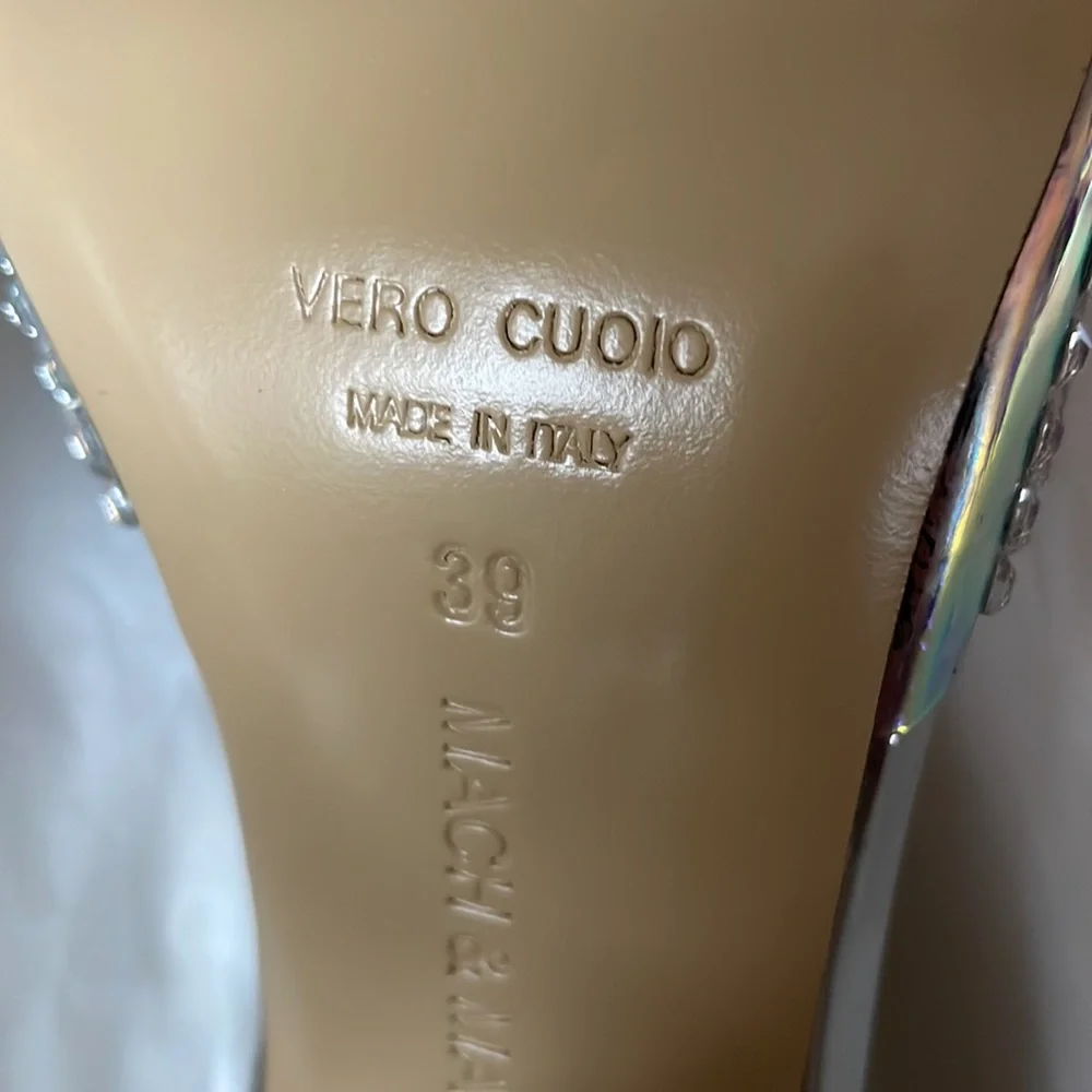 Mach & Mach crystal embellished iridescent silver mules sandals pumps sz 39